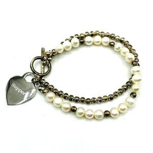 Vintage Bracelet SUPPORT Pendant Genuine Pearl Ball Bead Toggle Clasp 6.7"
